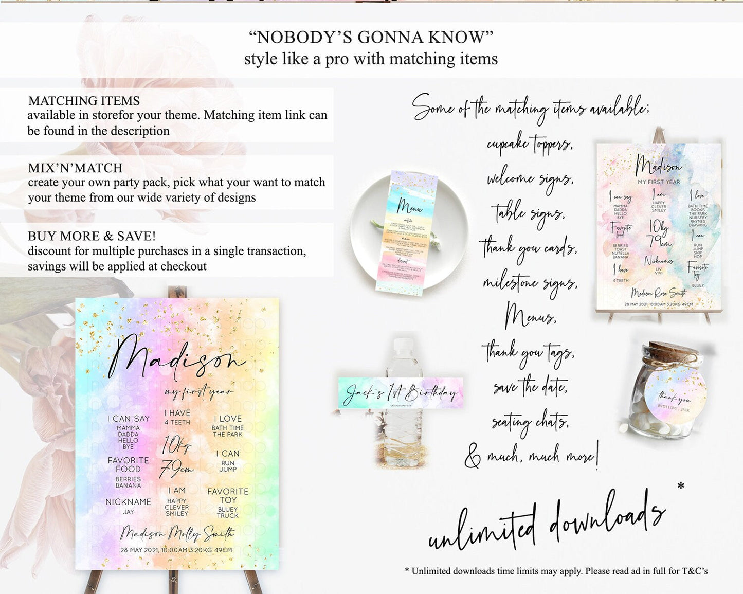 Pastel First Birthday Milestone Board Pastel Rainbow Milestone Poster Colorful Confetti Watercolor Glitter 1st Birthday Welcome Sign D10647
