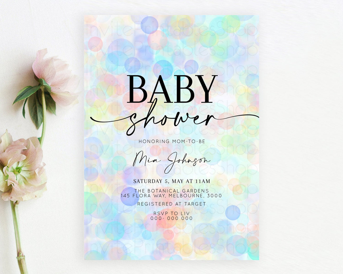 Pastel Confetti Baby Shower Invitation Bath Bomb Baby Shower Invitation Pastel Bubbles Invitation Colorful Watercolour Invitation  D10446