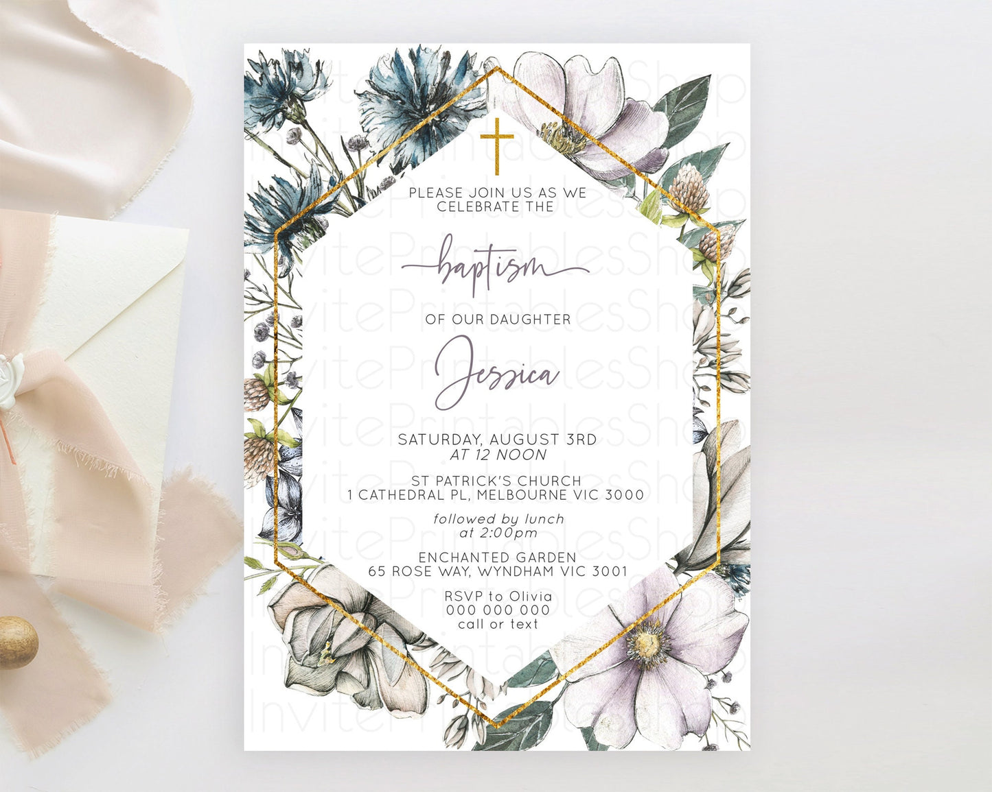 Secret Garden Baptism Invitation Wildflower Baptism Birthday Invite Pastel Flowers Christening Invite Enchanted Garden Boho Floral  D10501