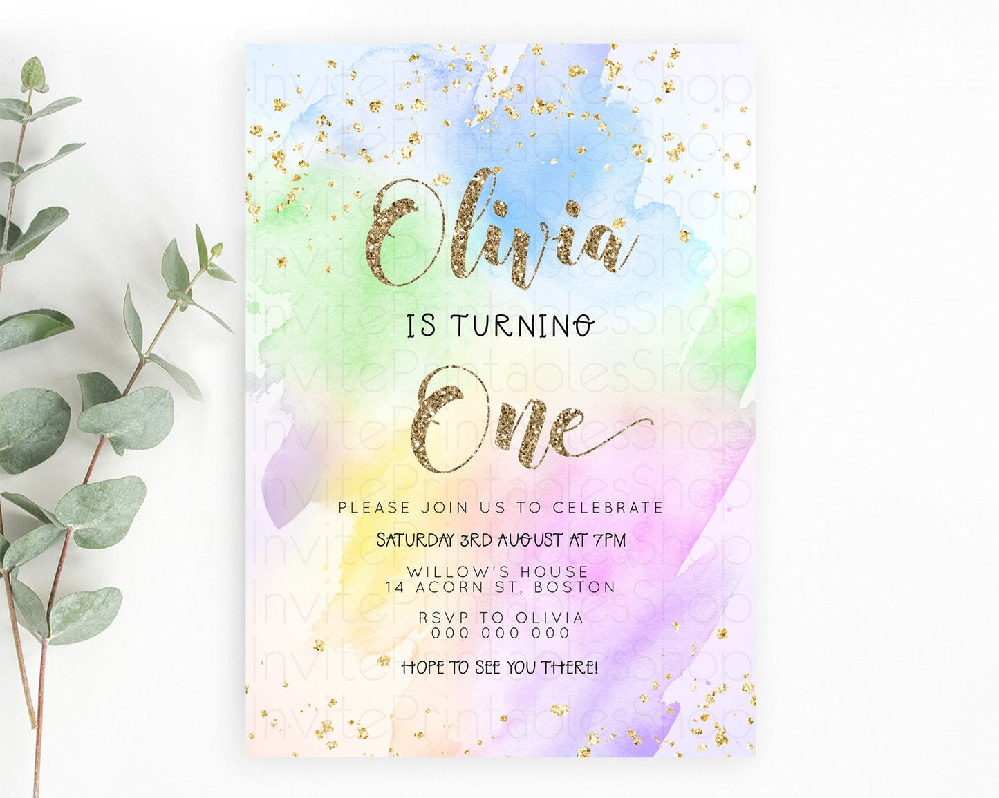 Rainbow Birthday Invitation Colorful Pastel Watercolor Invitation Gold Glitter Sprinkles Ombre Pastel 1st 2nd 3rd Birthday D23304