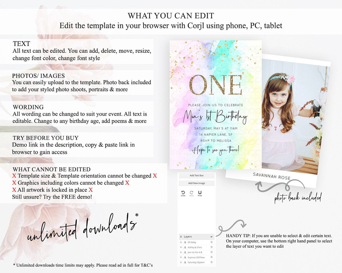 Rainbow Birthday Invitation Colorful Pastel Watercolor Invitation Gold Glitter Sprinkles Ombre Pastel 1st 2nd 3rd Birthday D10231