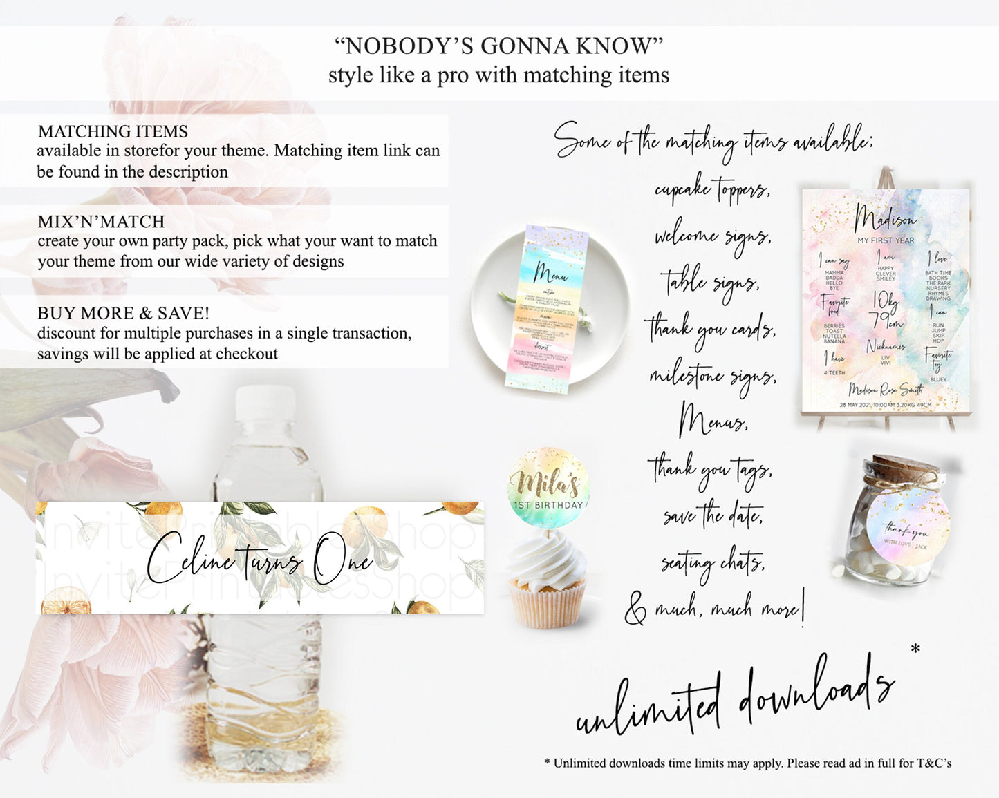 Citrus Water Label Template Lemon Orange Party Decor Citrus Floral Garden Theme Birthday Baptism Baby Shower Wedding Bridal Shower D10545