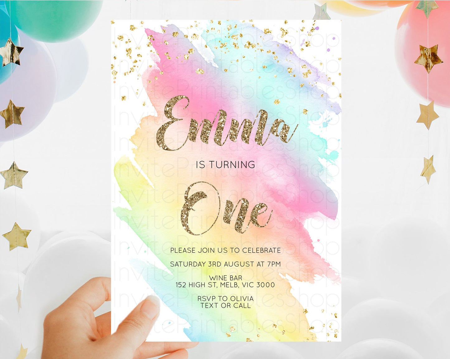 Editable Rainbow Birthday Invitation Colorful Pastel Watercolor Invitation G