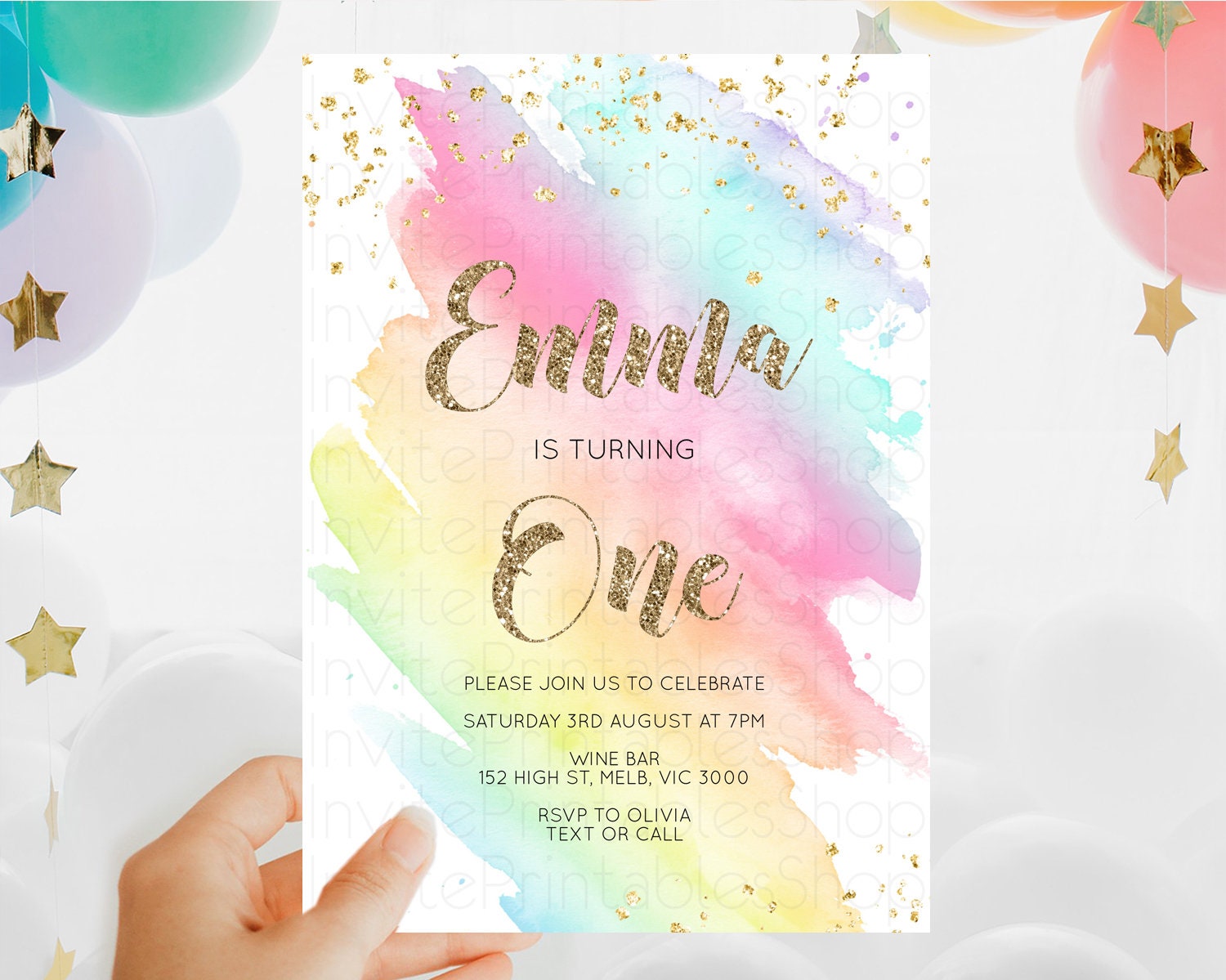 Editable Rainbow Birthday Invitation Colorful Pastel Watercolor Invitation G