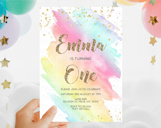 Editable Rainbow Birthday Invitation Colorful Pastel Watercolor Invitation G