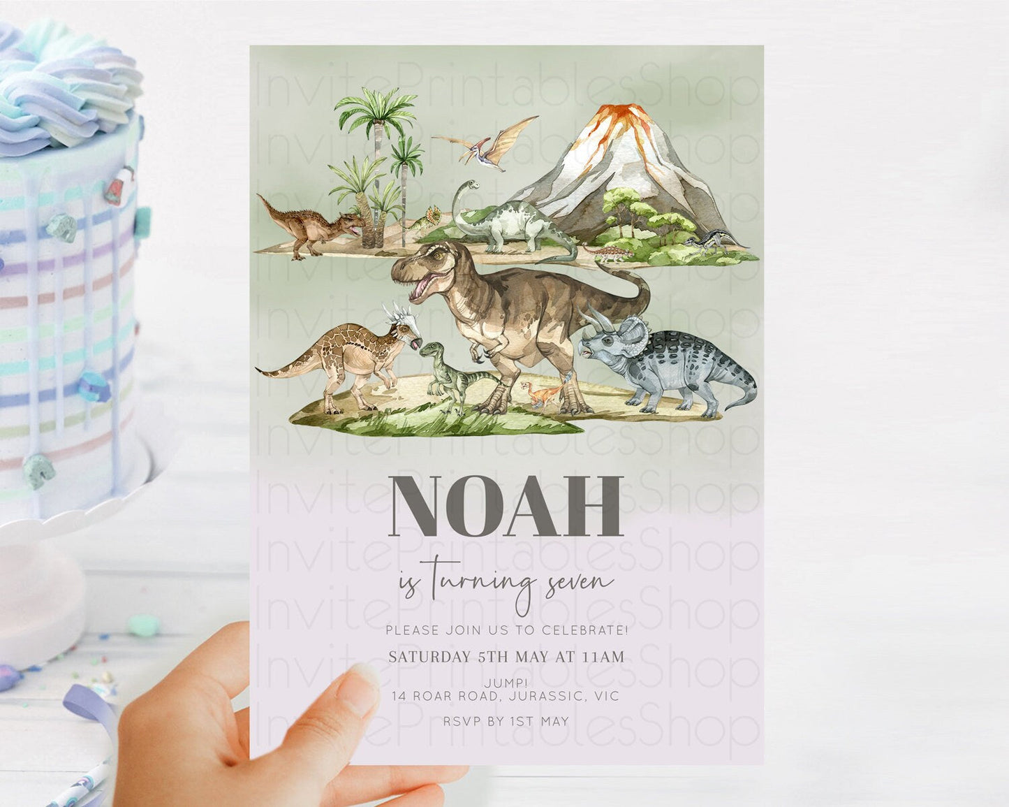 Dinosaur Birthday Invitation Dinosaur Volcano Invitation Watercolor Dinosaur Volcano T-Rex Raptor Jurassic 1st 2nd 3rd Birthday D10671