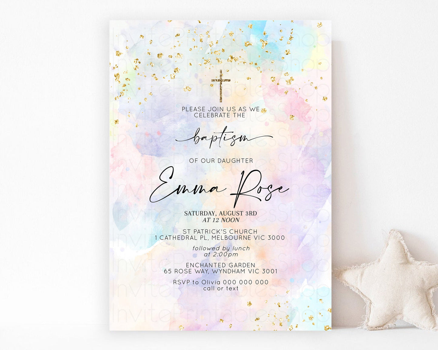 Pastel Baptism Invitation Rainbow Christening Invitation Holy Communion Invite Baptism 1st Birthday Sprinkles Ombre Watercolor Splash