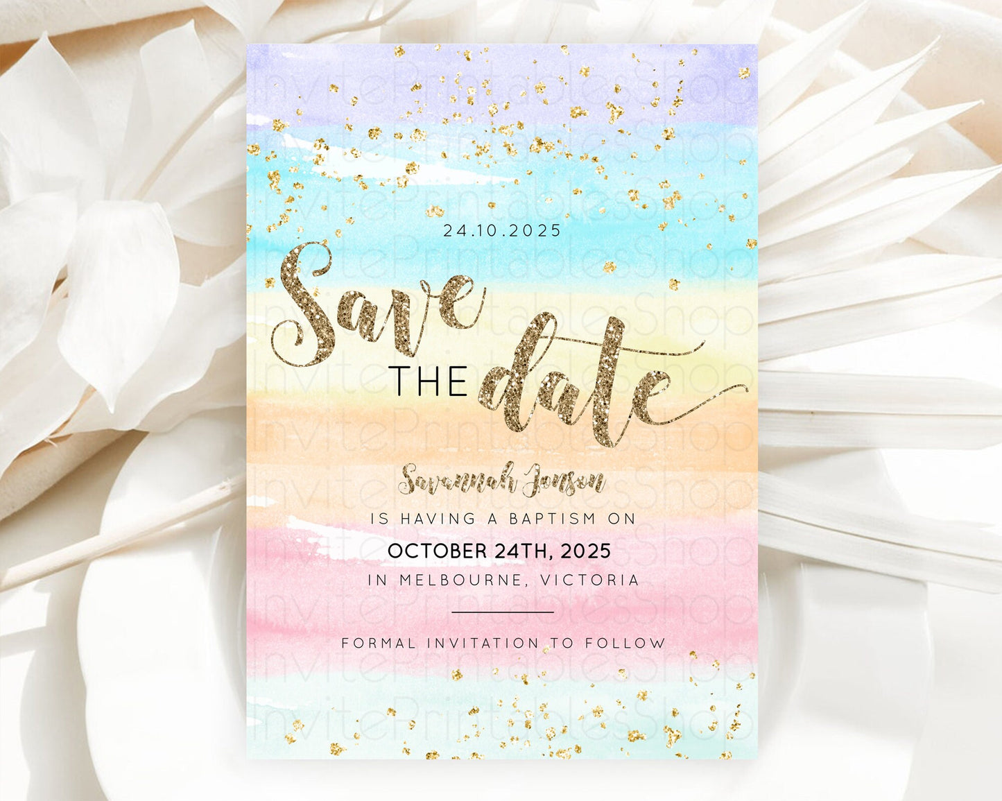 Pastel Save The Date Template Pastel Ombre Rainbow Watercolor Colorful Party For Birthday Baptism Baby Shower Wedding Bridal Shower D10508