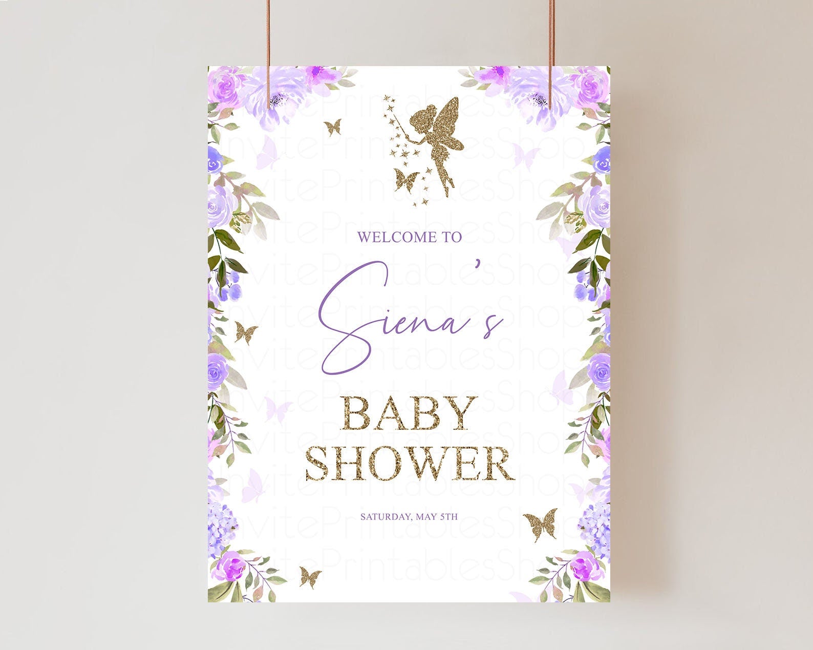 Editable Fairy Baby Shower Welcome Sign Purple Floral Fairy Magic Garden Wel