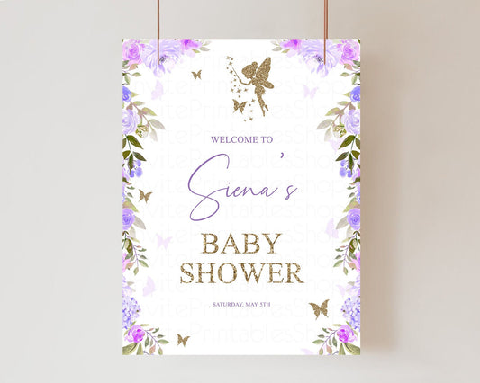 Editable Fairy Baby Shower Welcome Sign Purple Floral Fairy Magic Garden Wel