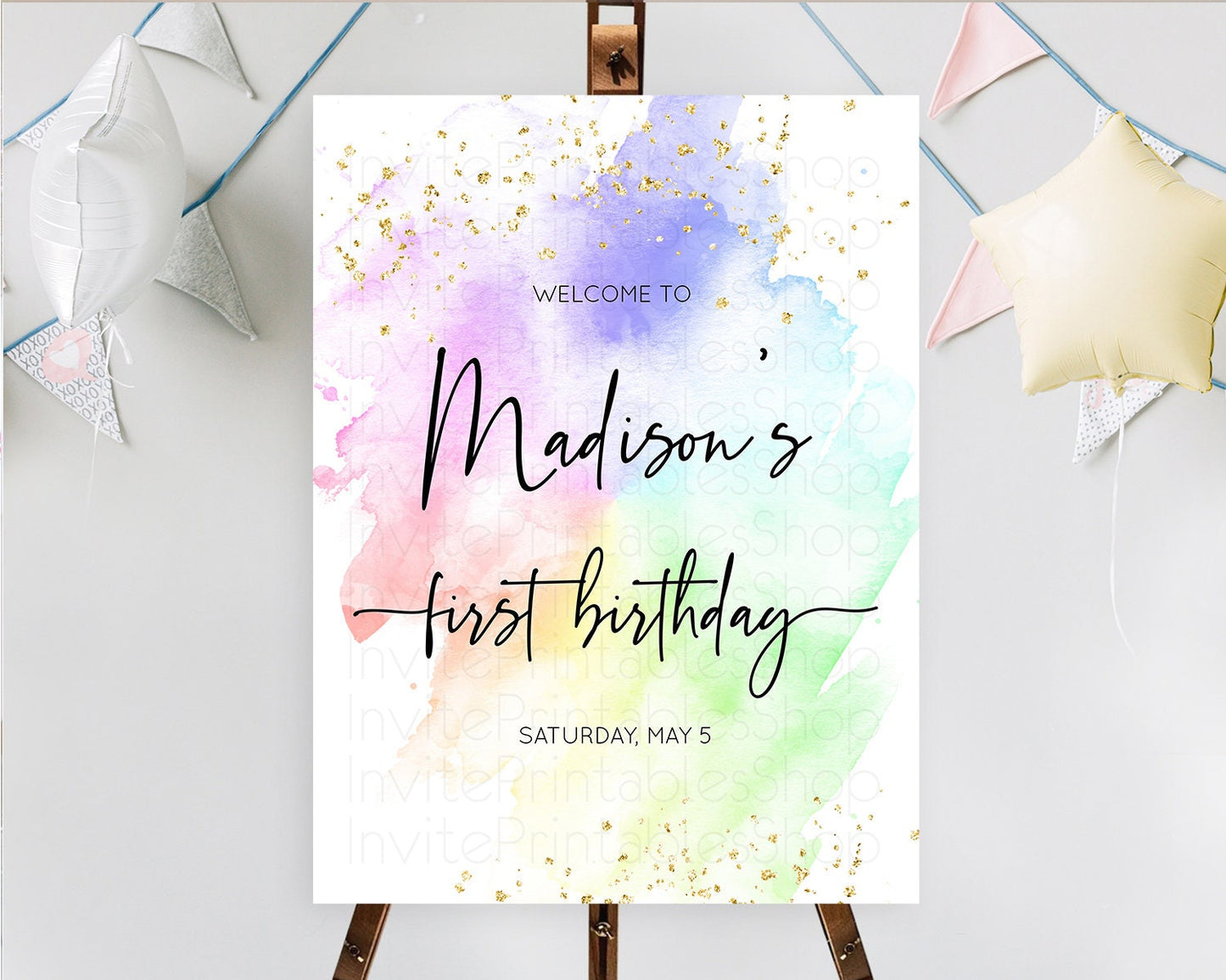 Pastel Welcome Sign Pastel Rainbow Welcome Sign Colorful Rainbow Confetti Watercolor Glitter Pastel First Birthday Welcome Sign D10316