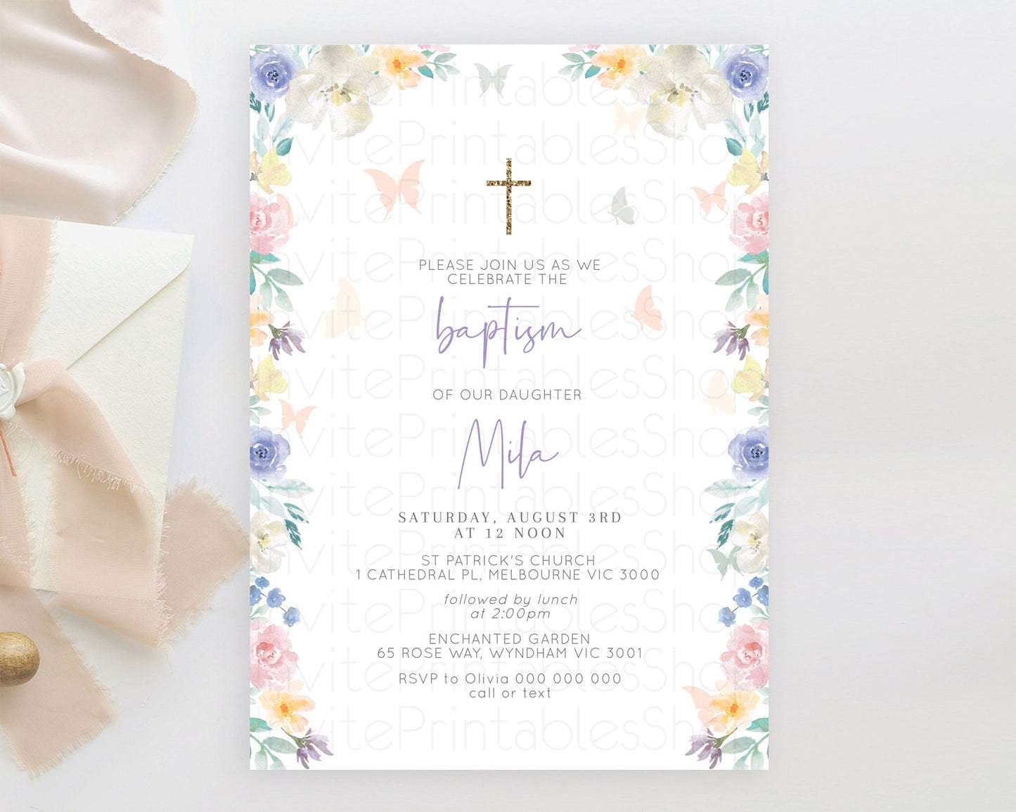 Secret Garden Baptism Invitation Wildflower Baptism Birthday Invite Pastel Flowers Christening Invite Enchanted Garden Boho Floral D10710