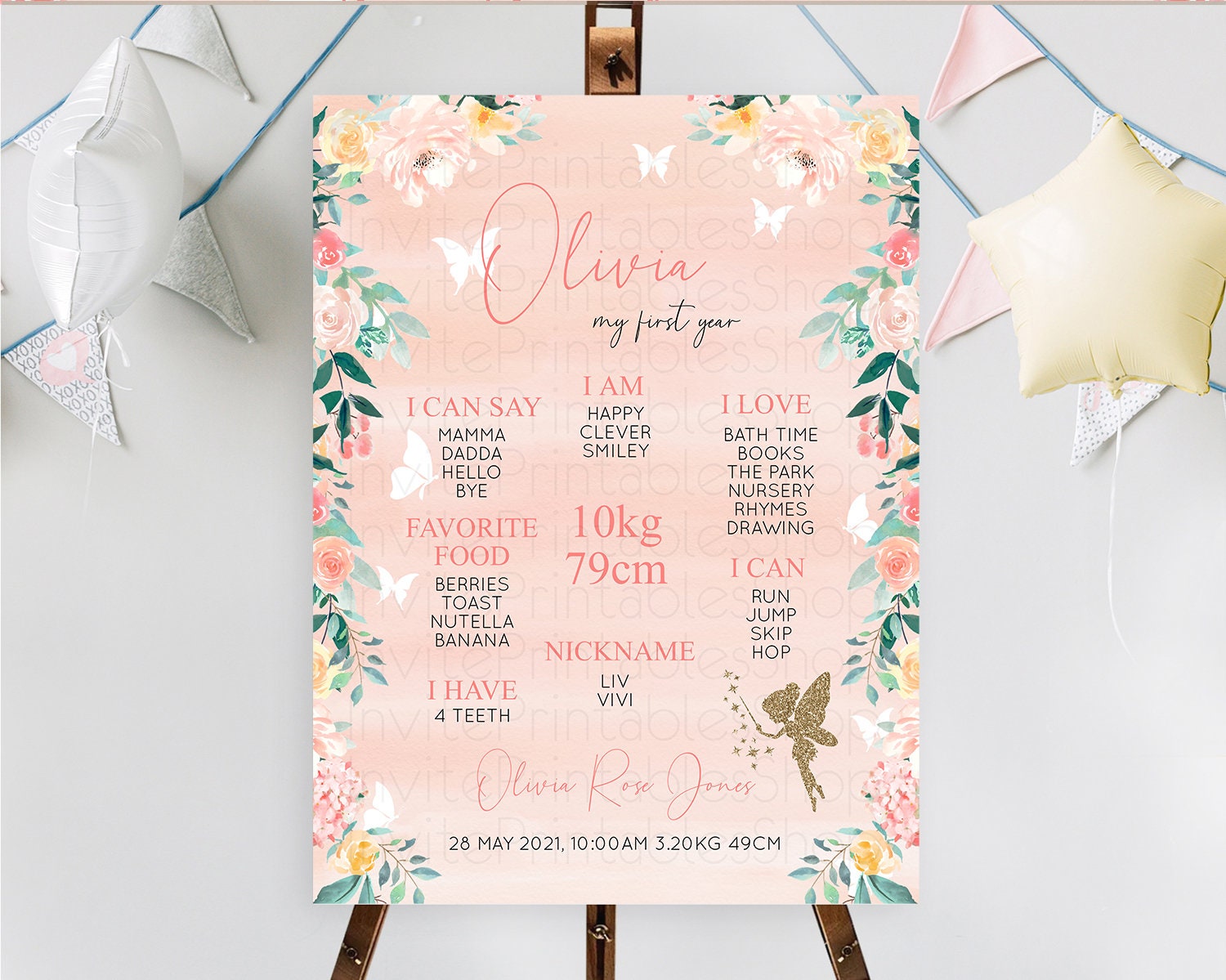 Editable Fairy First Birthday Milestone Poster Fairy Secret Garden Milestone
