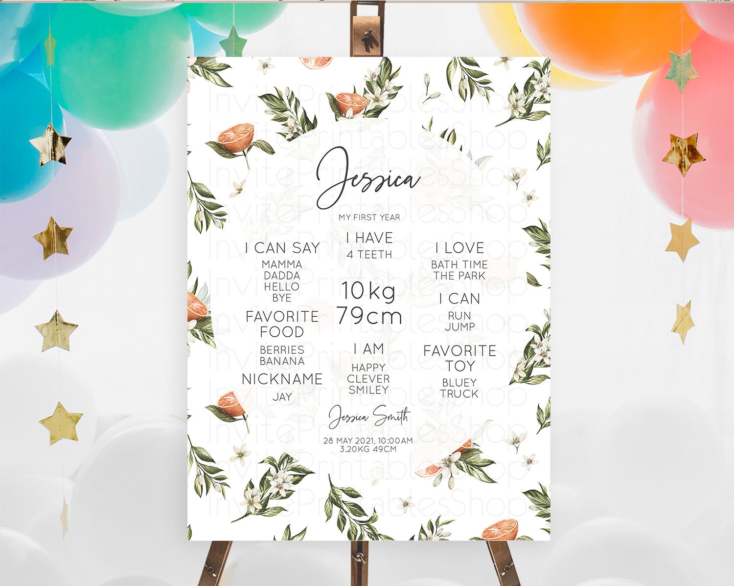 Editable Citrus First Birthday Milestone Board Lemon Milestone Poster Orange