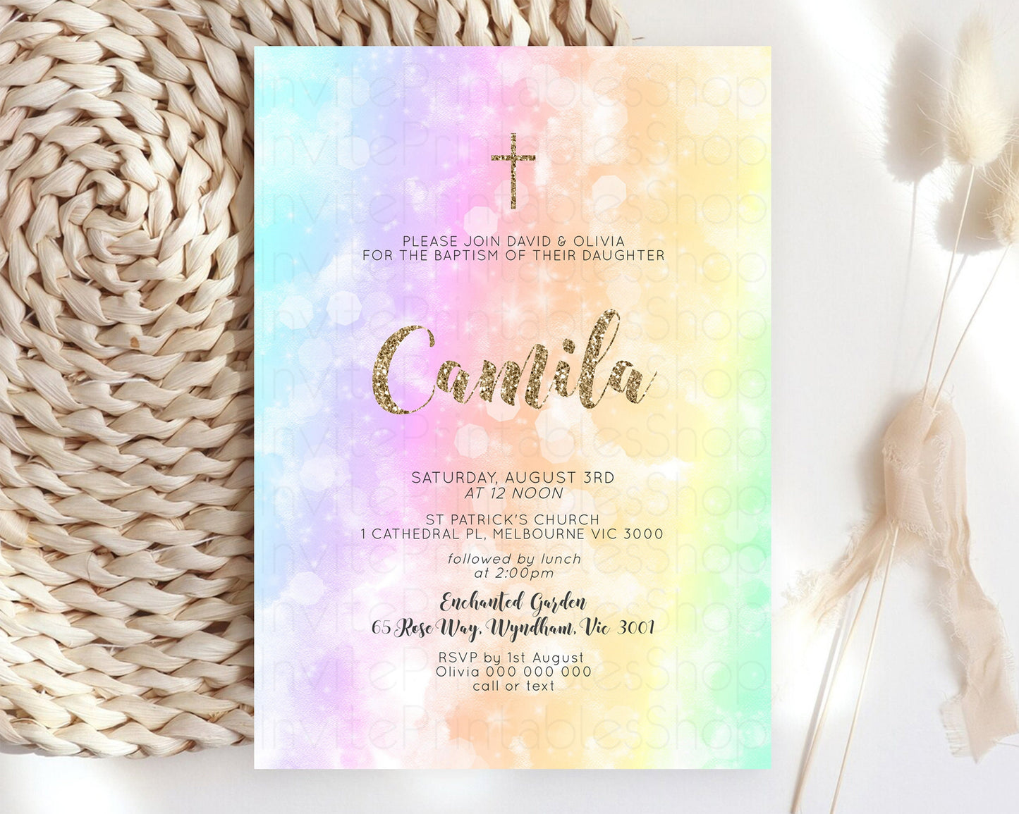 Pastel Baptism Invitation Rainbow Christening Invitation Holy Communion Invite Baptism 1st Birthday Sprinkles Ombre Watercolor Splash 604