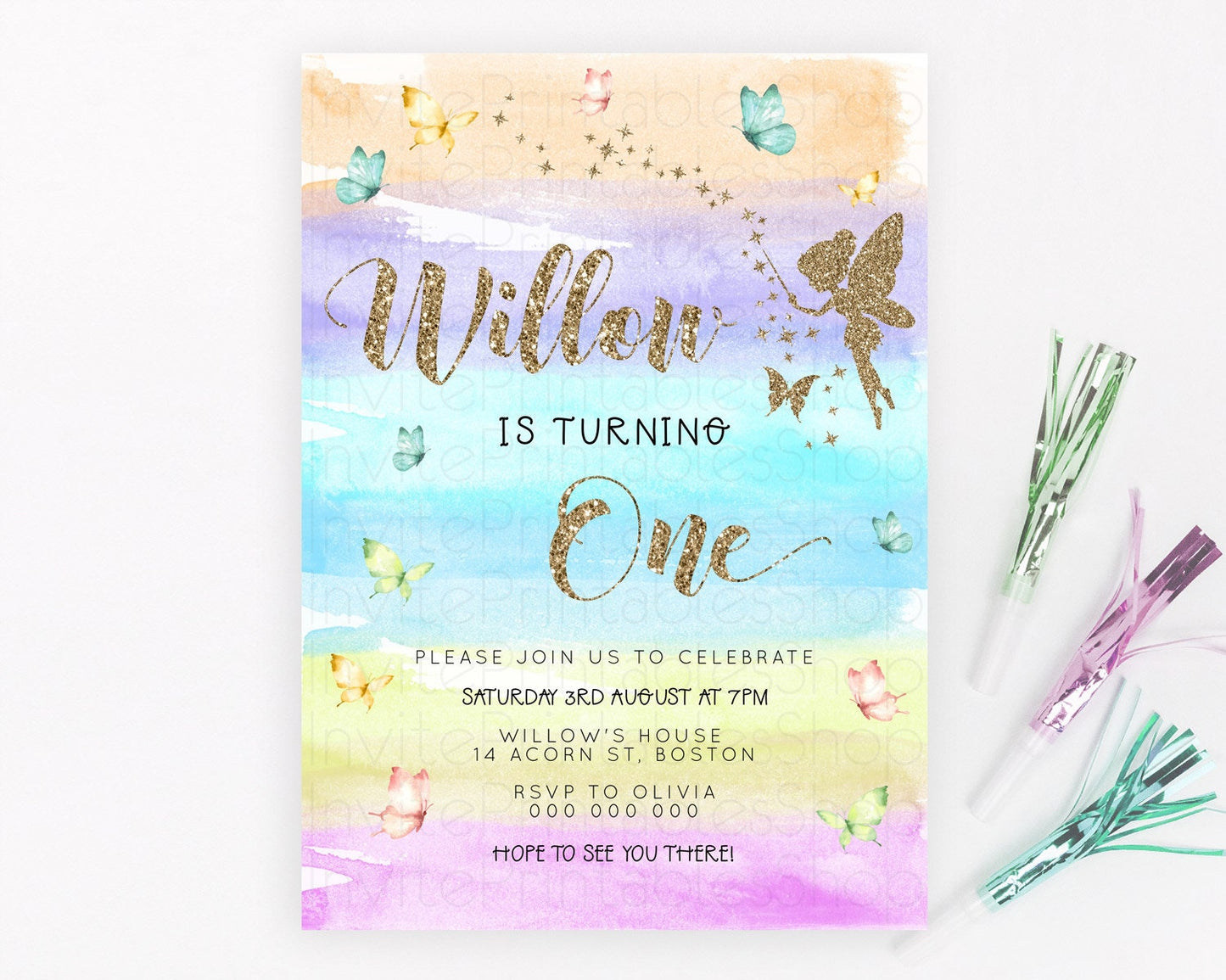 Pastel Fairy Birthday Invitation Pastel Butterflies Fairy Birthday Invitation Rainbow Ombre Watercolor 1st 2nd Birthday Invitation D23318