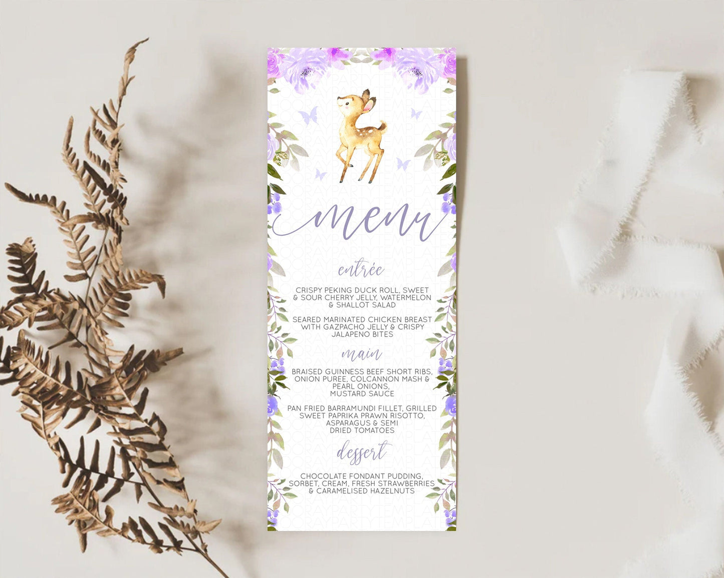 Fawn Menu Deer Menu Template Pastel Floral Deer Table Decor Enchanted Forest Butterfly Floral Dinner Dessert Menu Party Food Menu D10916