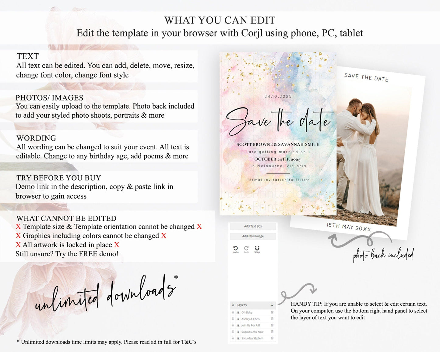 Pastel Save The Date Template Pastel Ombre Rainbow Watercolor Colorful Party For Birthday Baptism Baby Shower Wedding Bridal Shower D10263