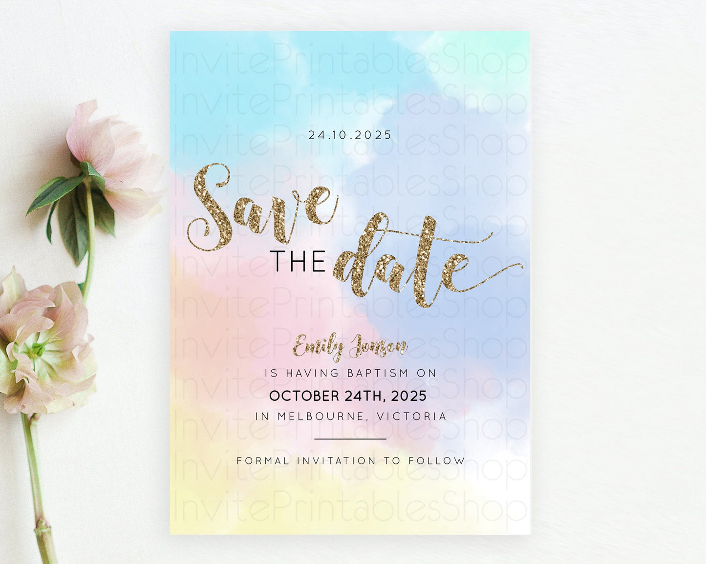 Pastel Save The Date Template Pastel Ombre Rainbow Watercolor Colorful Party For Birthday Baptism Baby Shower Wedding Bridal Shower D10378