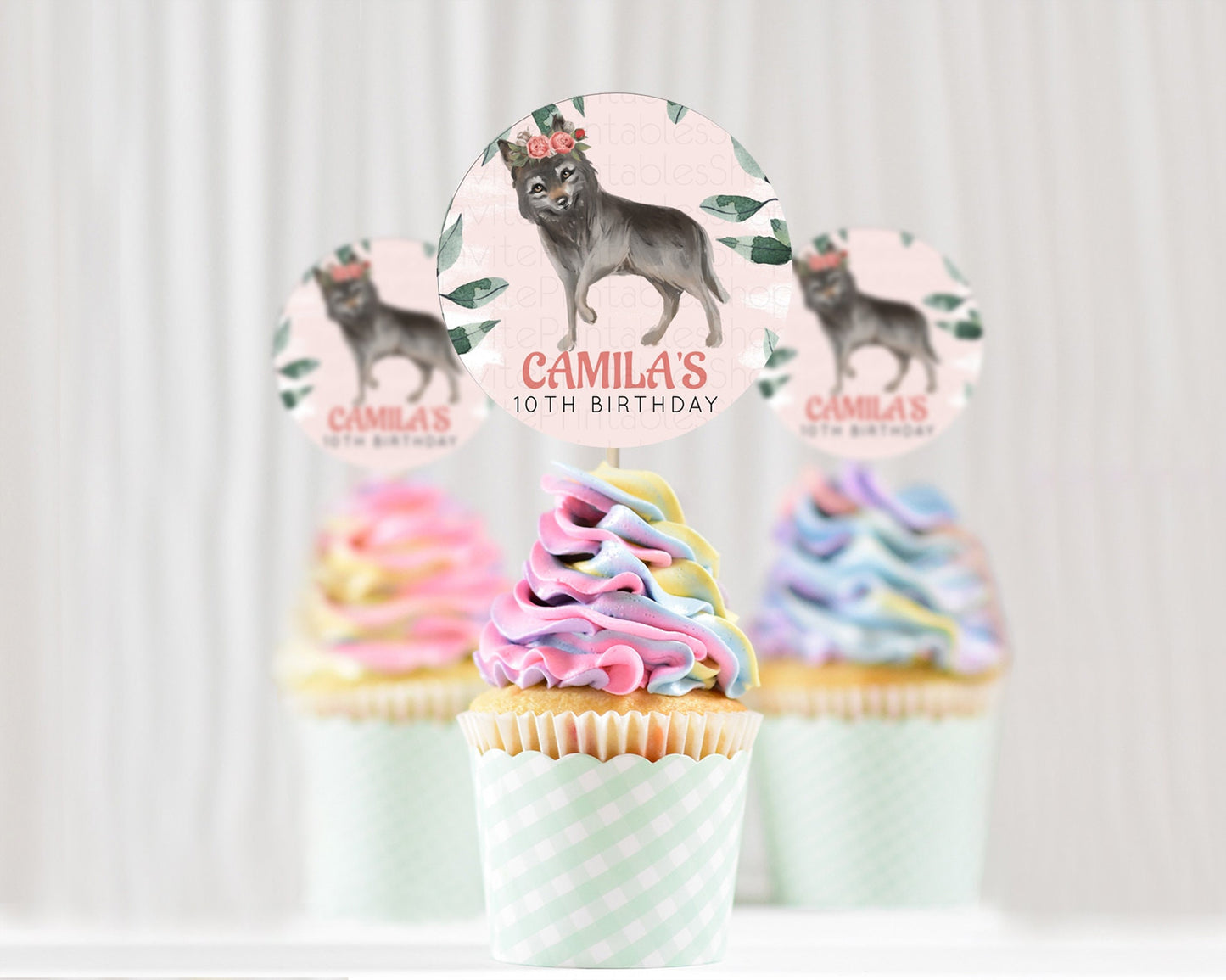 Wolf Cupcake Toppers Wolf Cupcake Pastel Wolf Decor Enchanted Forest Woods Wolf Floral Cupcake Howling Party Cupcake First Birthday D10535