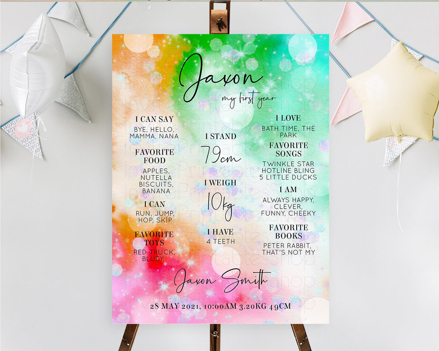 Rainbow First Birthday Milestone Poster Colorful Pastel Watercolor Iridescent Sprinkles Ombre Pastel Milestone Board First Birthday D10691