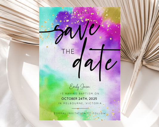 Editable Tie Dye Save The Date Template Rainbow Pastel Ombre Watercolor Part