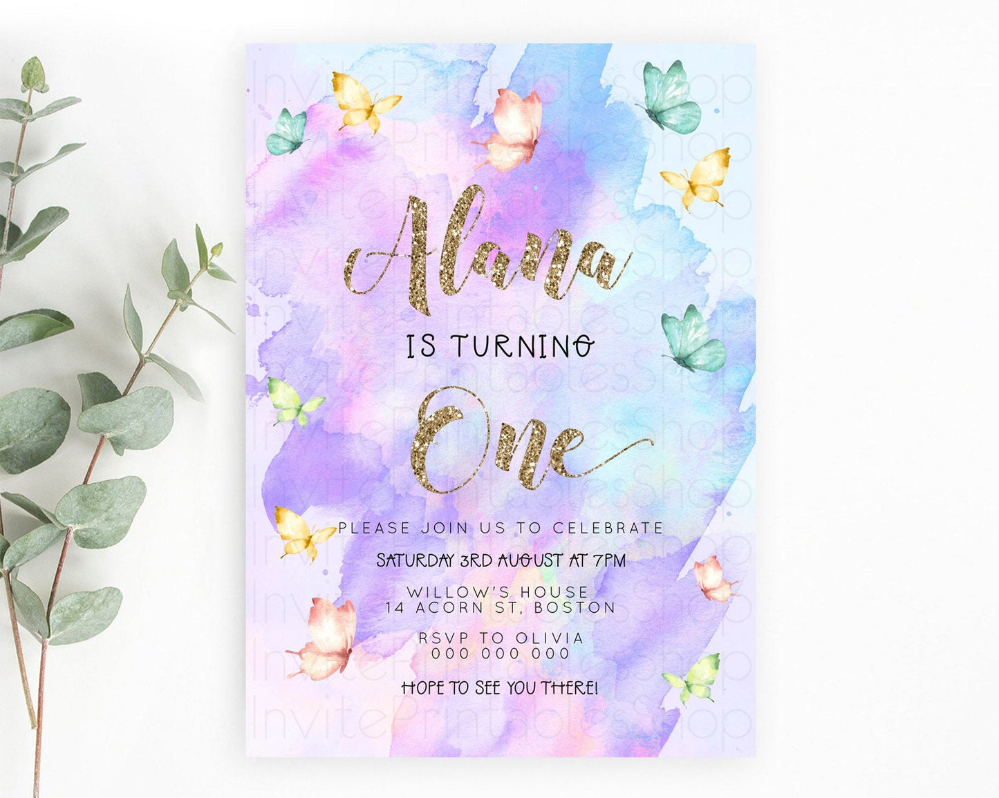 Pastel Butterfly Birthday Invitation Butterfly Birthday Invitation Colorful Splash Glitter Butterfly Garden 1st 2nd Birthday D23249