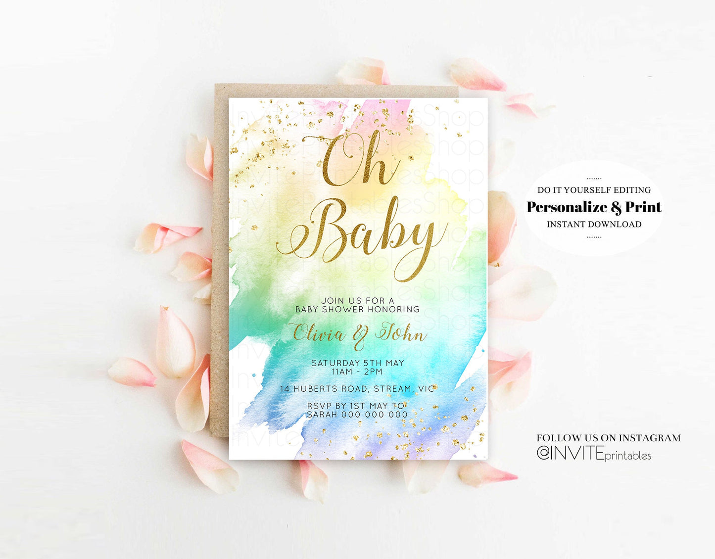 Rainbow Baby Shower Invitation Soft Pastel Watercolor Colorful Splash Blue Pink Purple Yellow Gold Foil Splatter Editable Template D11028