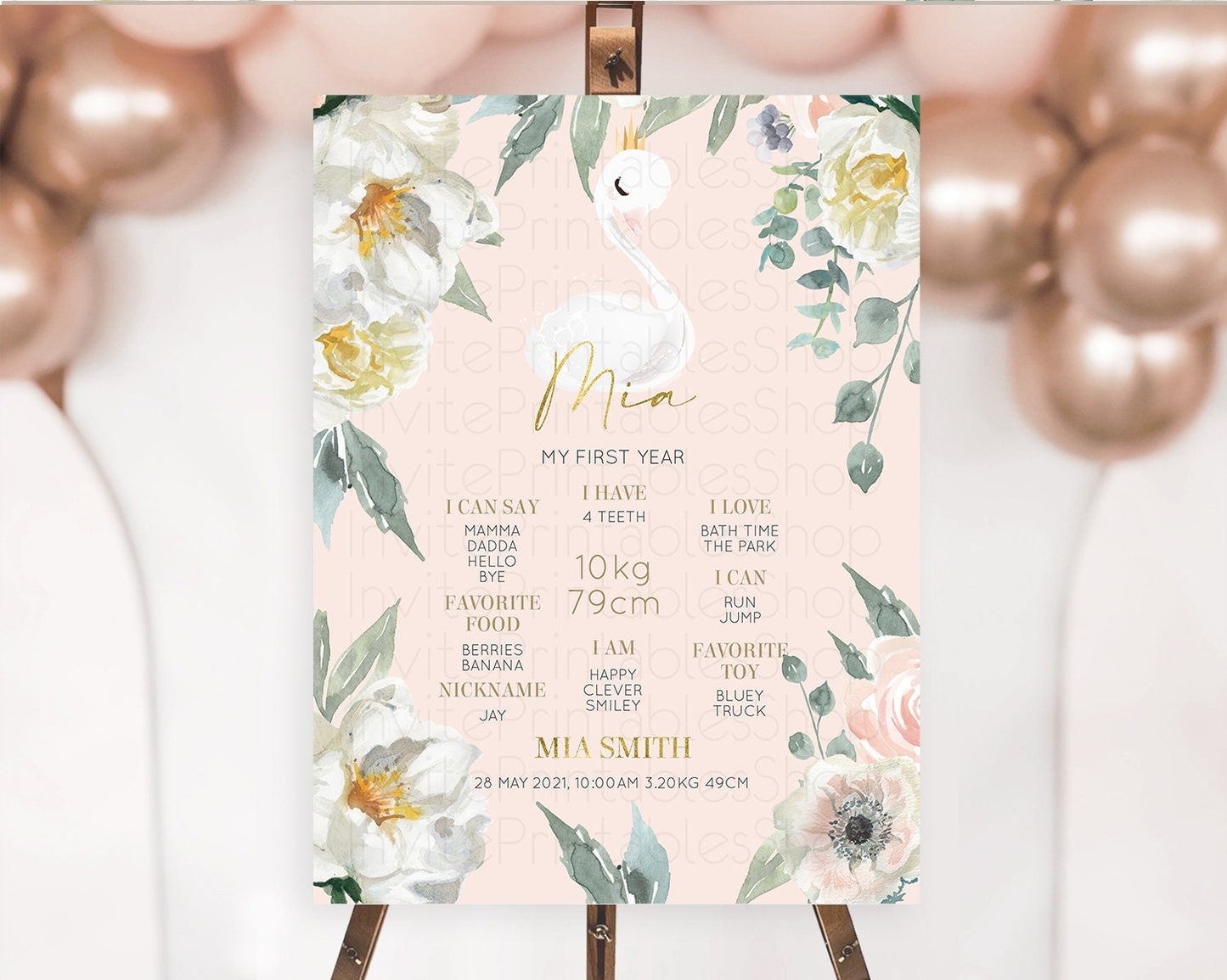 Swan First Birthday Milestone Poster Swan Princess Ballet Milestone Board Enchanted Forest Swan Lake Secret Garden Pastel Floral D10115