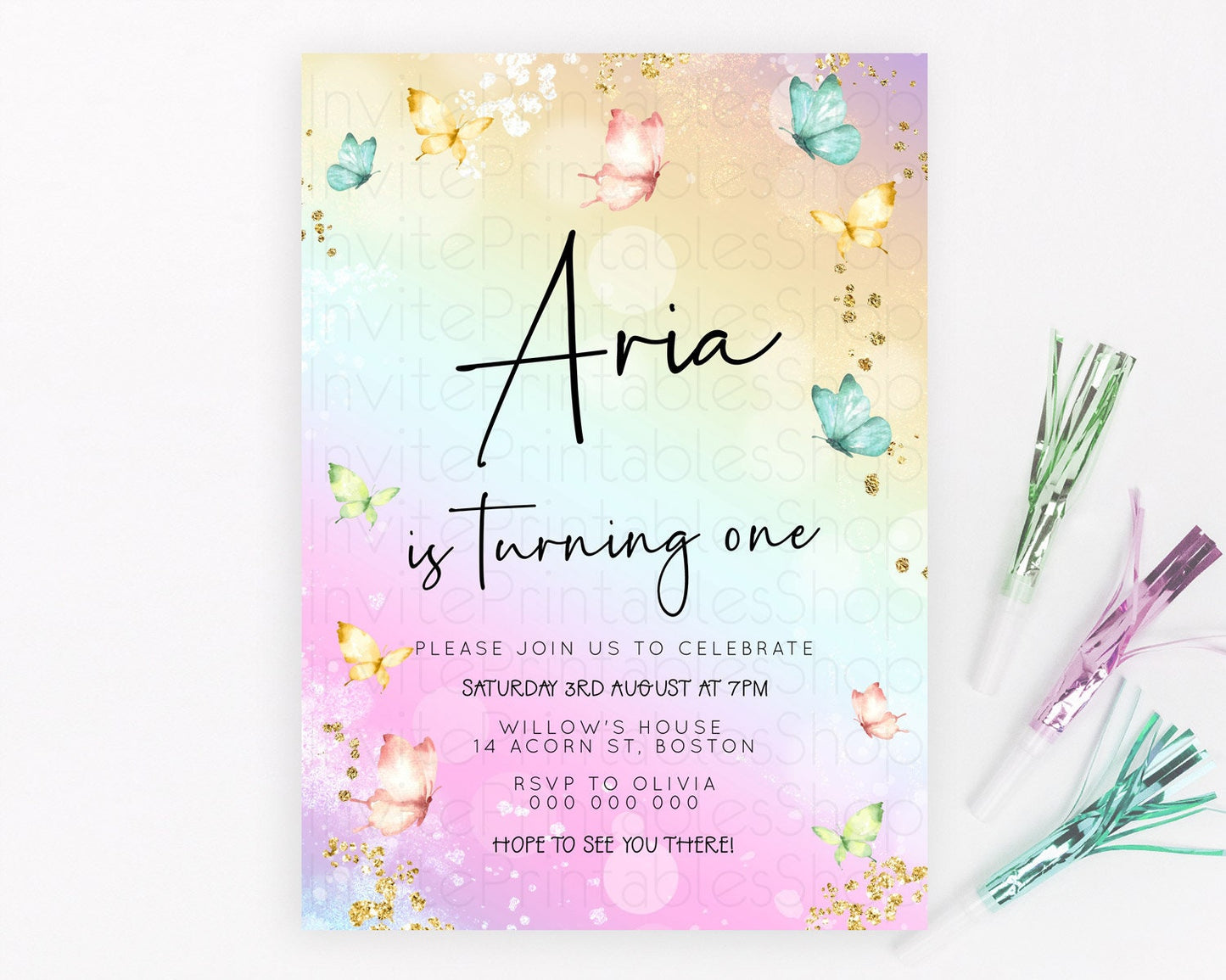 Pastel Butterfly Birthday Invitation Butterfly Birthday Invitation Whimsical Butterfly Enchanted Garden 1st 2nd Birthday Invitation D23138