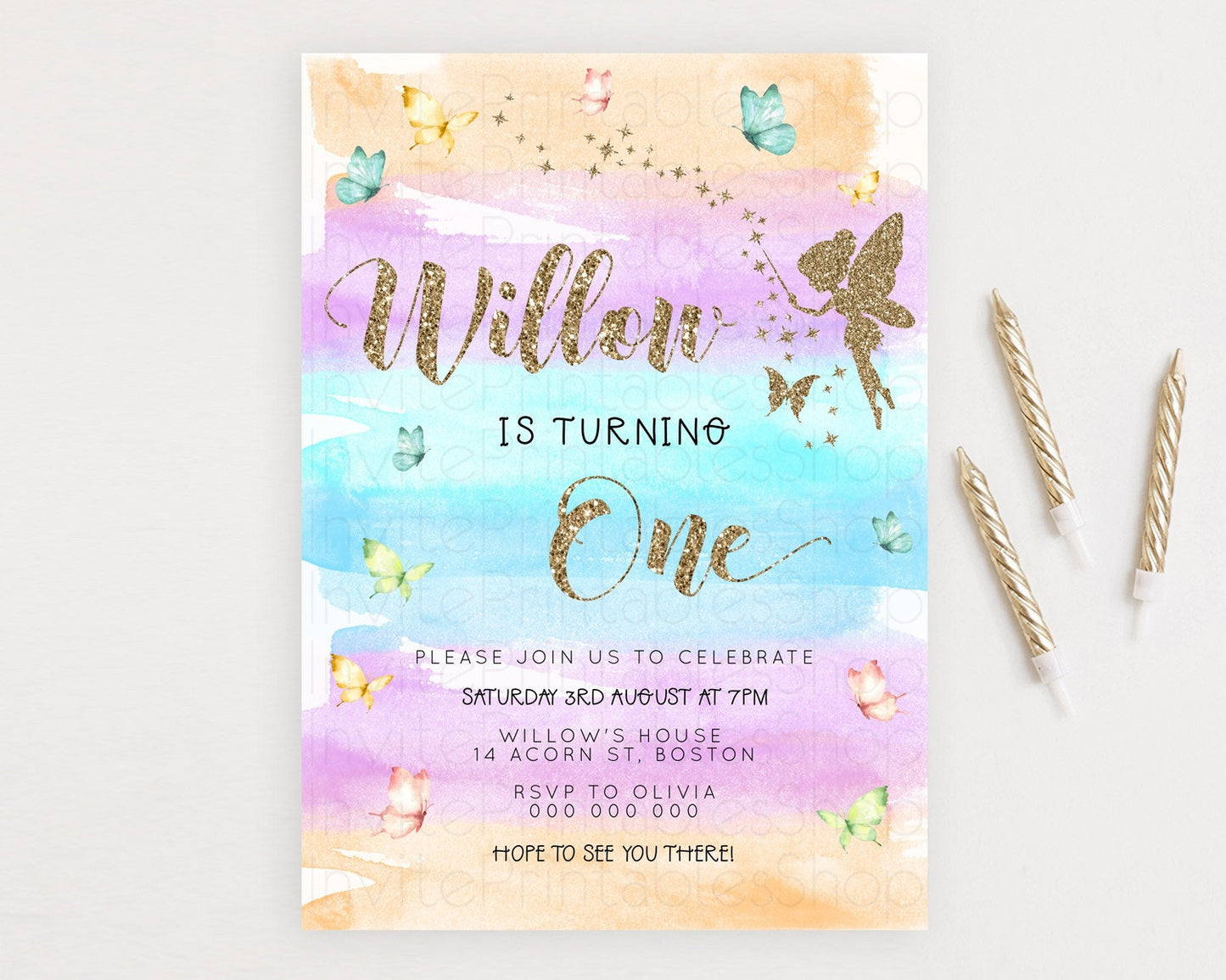 Pastel Fairy Birthday Invitation Pastel Butterflies Fairy Birthday Invitation Rainbow Ombre Watercolor 1st 2nd Birthday Invitation D23319