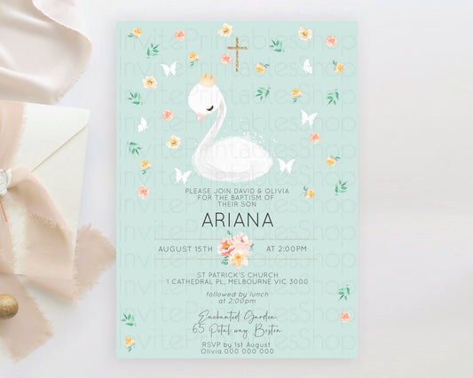 Swan Lake Baptism Invitation Swan Princess Ballet Baptism 1st Birthday Enchanted Forest Secret Garden Watercolour Pastel Floral D10905