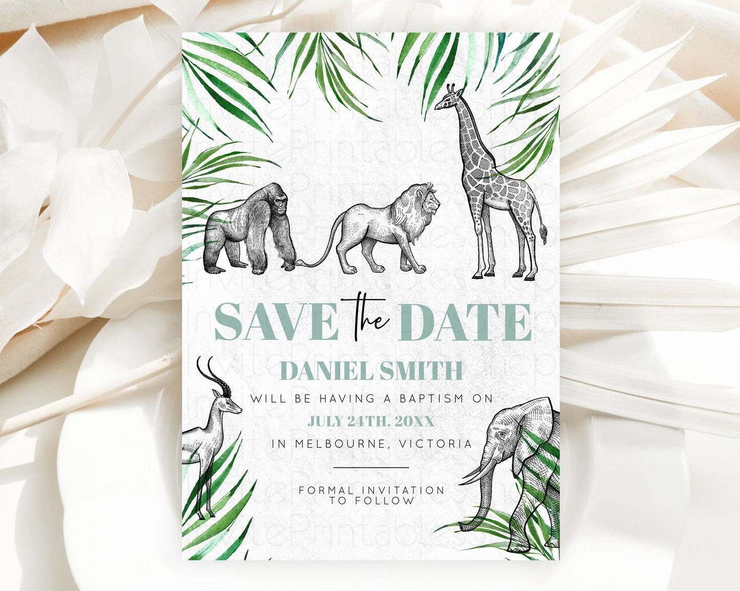 Safari Save The Date Template Lion Gorilla Elephant Rhino Animals Party Tropical Palm Zoo Theme For 1st Birthday Baptism Baby Shower D10853