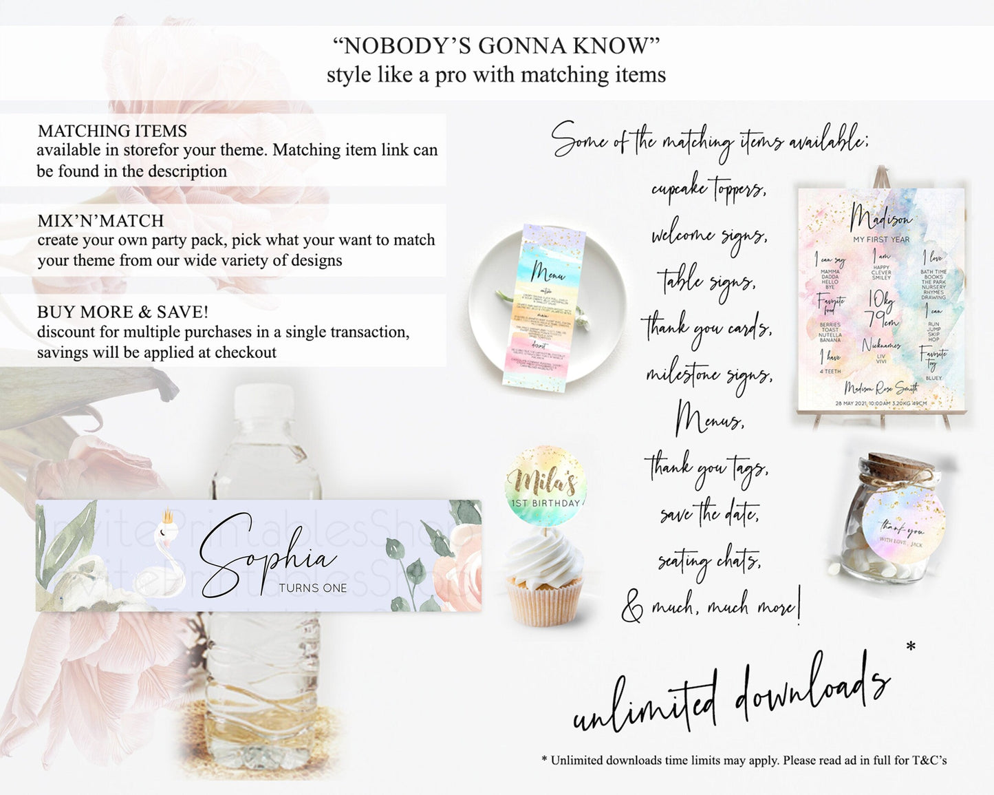 Swan Water Label Template Swan Princess Ballet Party Decor Enchanted Secret Garden Pastel Floral Birthday Baptism Baby Shower D10756