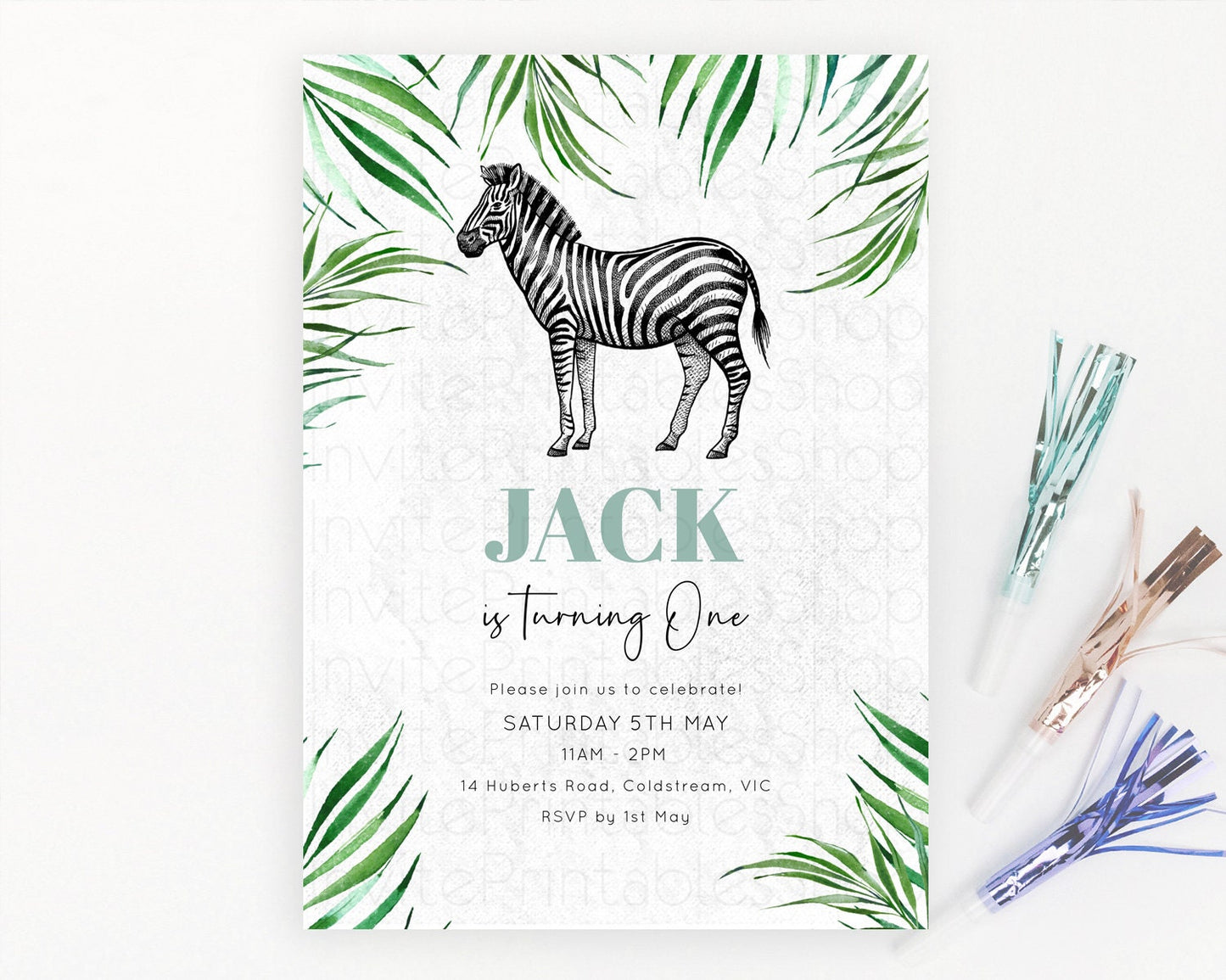 Zebra Birthday Invitation Zebra Invite Jungle Safari invite Watercolor Tropical Palm Invite Adventure Zoo Party Wild Animal Party D10844