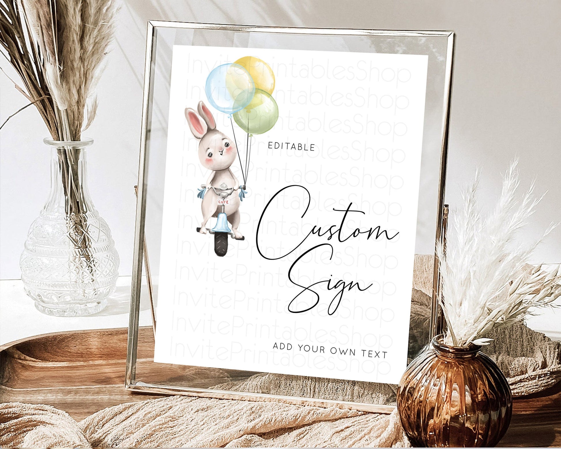 Editable Bunny Balloon Sign Bunny Confetti Table Sign Decor Colorful Pastel