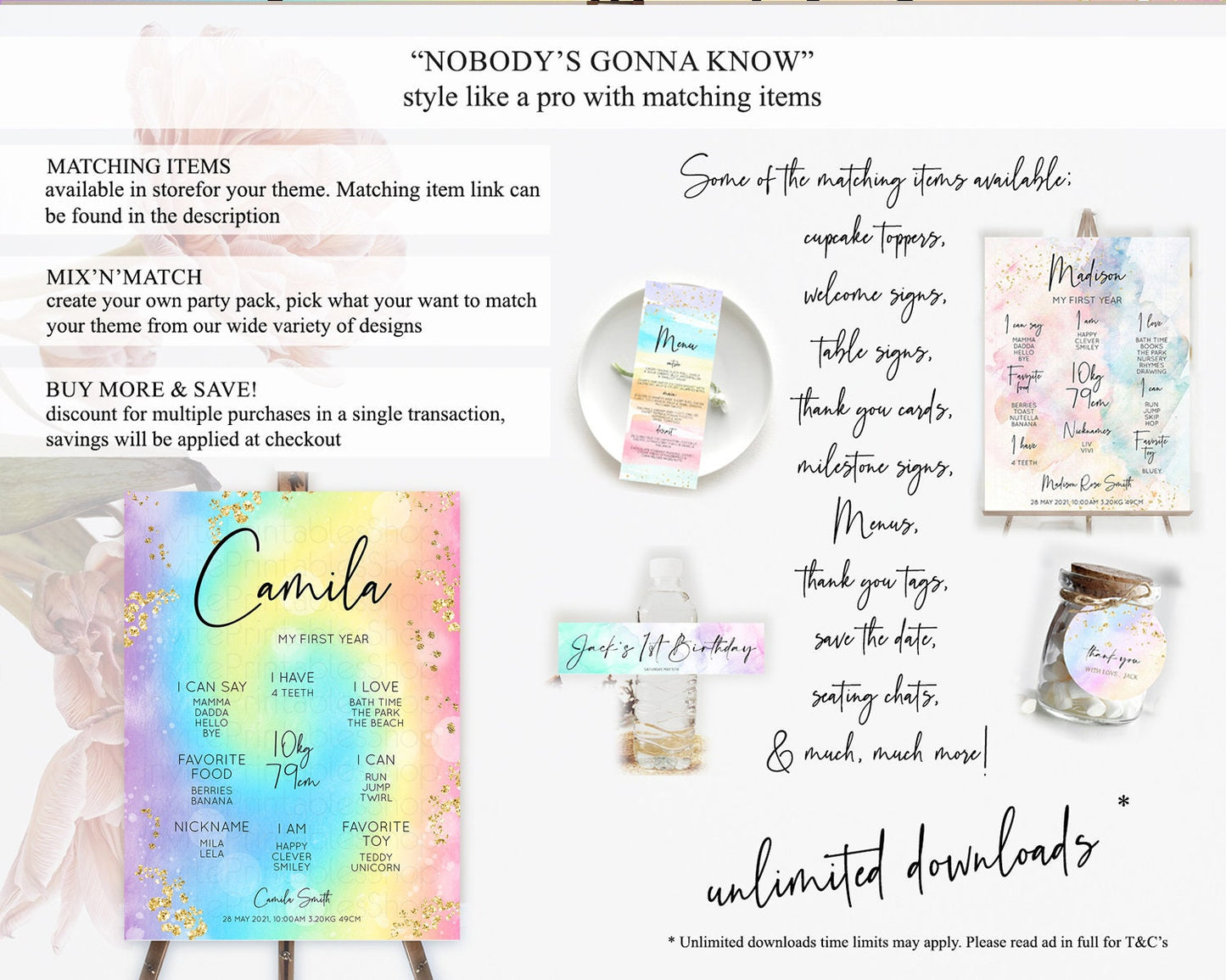 Pastel First Birthday Milestone Board Pastel Rainbow Milestone Poster Colorful Confetti Watercolor Glitter 1st Birthday Welcome Sign D10568