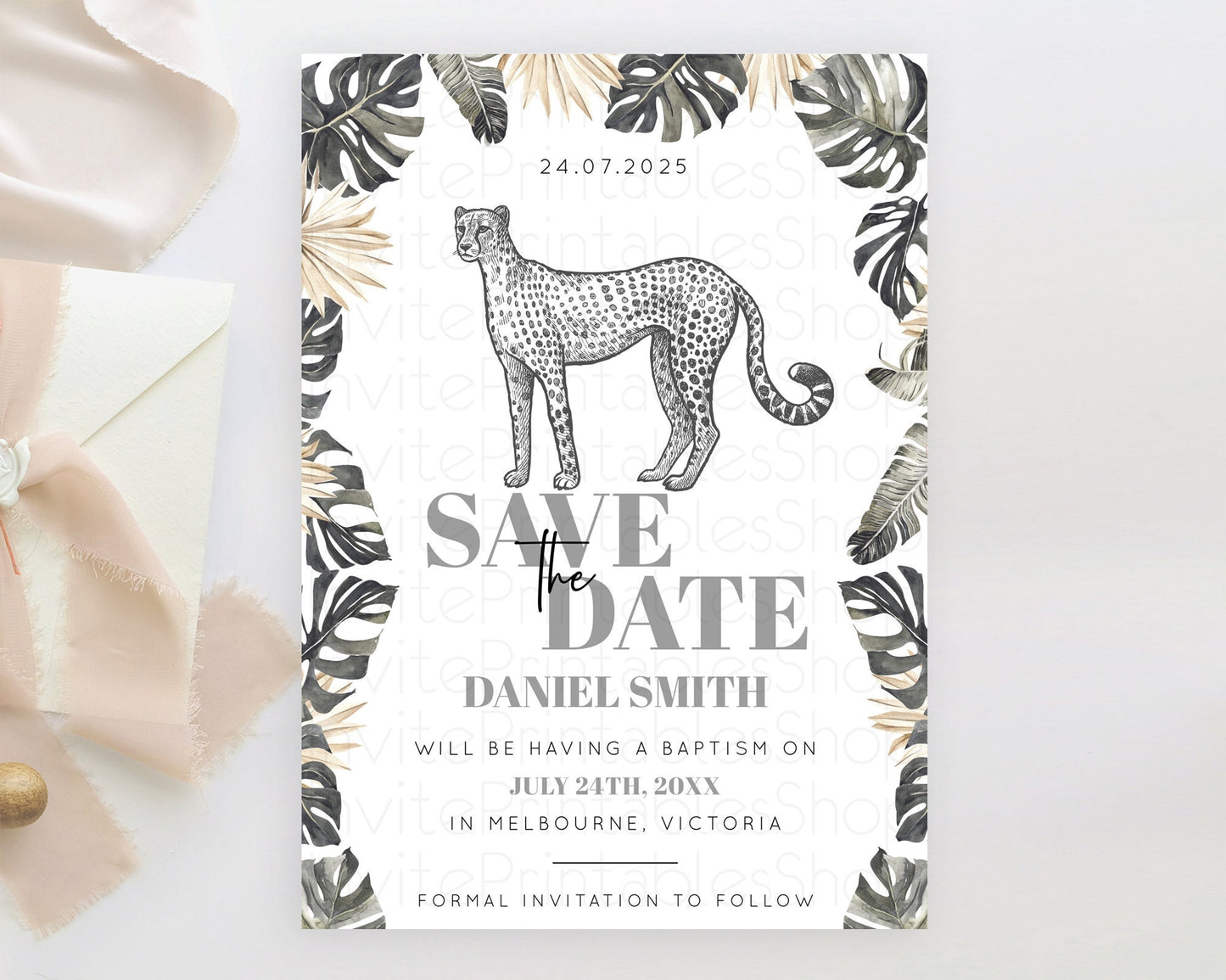 Cheetah Save The Date Template Cheetah Party Save The Date Safari Adventure Cheetah Minimal Theme 1st Birthday Baptism Baby Shower D10823