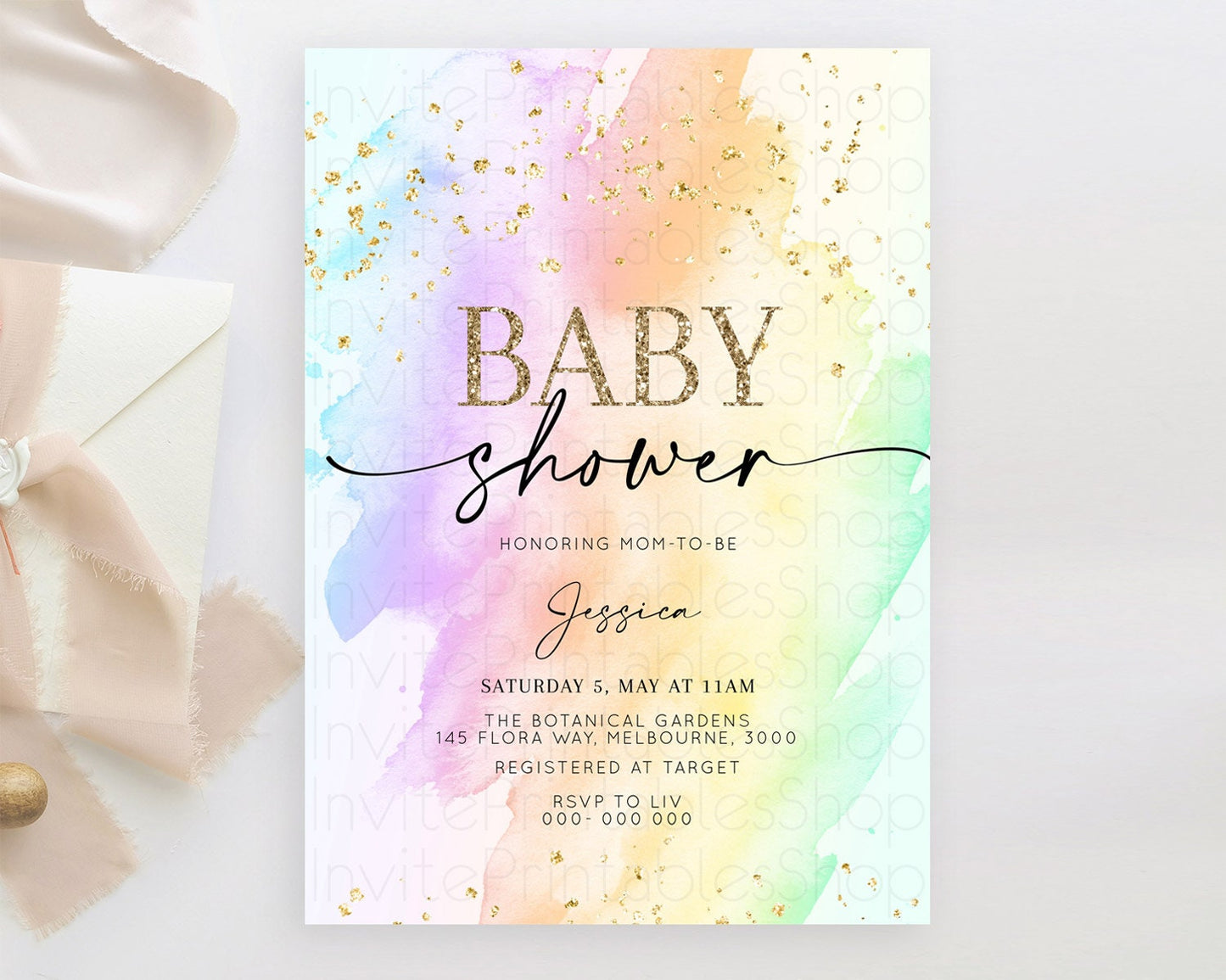 Pastel Baby Shower Invitation Rainbow Baby Shower Invitation Colorful Pastel Watercolor Invitation Gold Glitter Sprinkles Ombre D10645