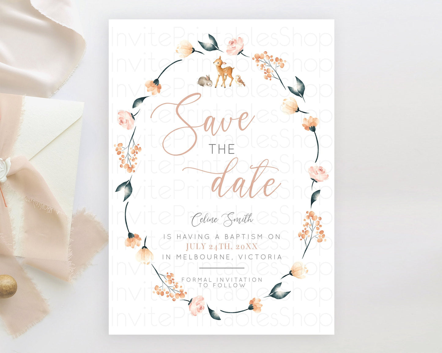 Fawn Deer Save The Date Template Pastel Floral Deer Enchanted Forest Butterfly Party 1st Birthday Baptism Baby Shower Bridal Shower D10240