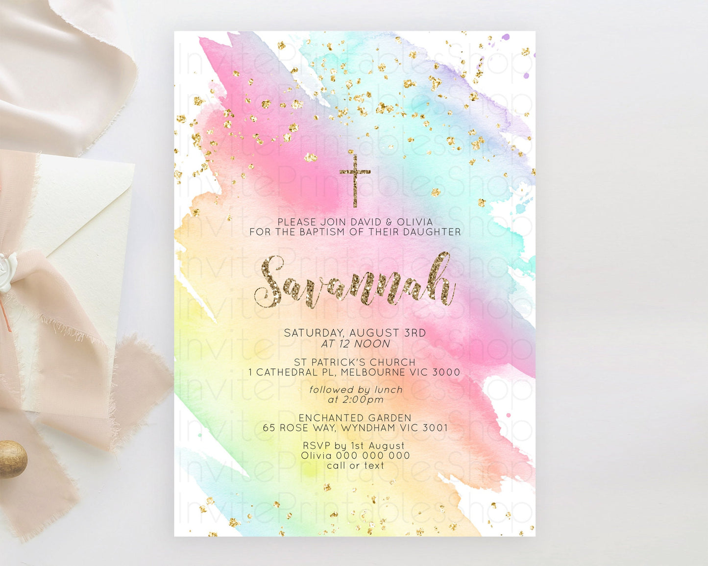 Pastel Baptism Invitation Pastel Colors Watercolor Baptism 1st Birthday Party Gold Ombre Pastel Rainbow Christening Holy Communion D10495