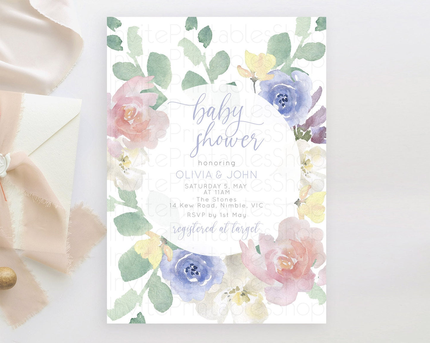 Enchanted Garden Baby Shower Invitation, Wildflower, Blooms, Secret Garden Pastel Pink Blue Flowers, Elegant Floral Botanical Theme D10860
