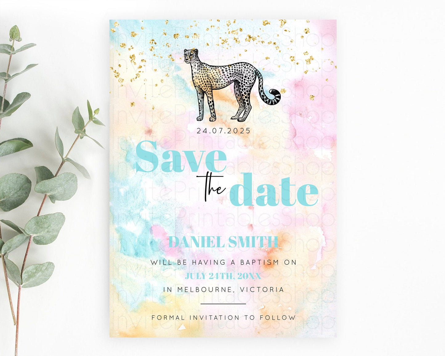 Pastel Cheetah Save The Date Template Rainbow Watercolor Cheetah Party Save The Date Colorful Cheetah Birthday Baptism Baby Shower D10289