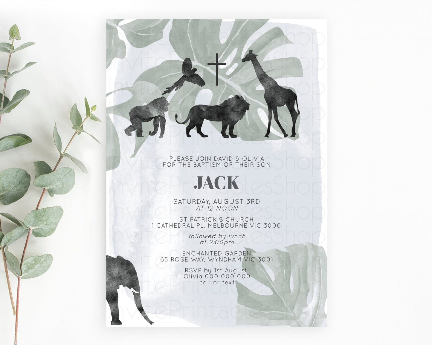 Safari Baptism Invitation Safari Adventure Baptism Birthday Invitation Lion Gorilla Elephant Rhino Tropical Palm Jungle Adventure D10203