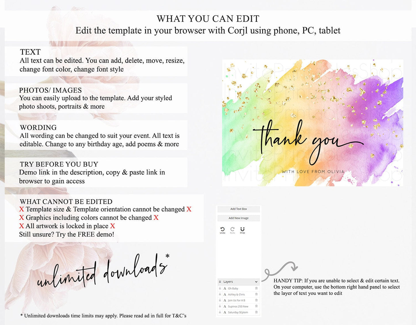 Pastel Thank You Rainbow Thank You Card Colorful Pastel Birthday Thank You Card Confetti Watercolor Pastel Teacher Thank You Cards D10518