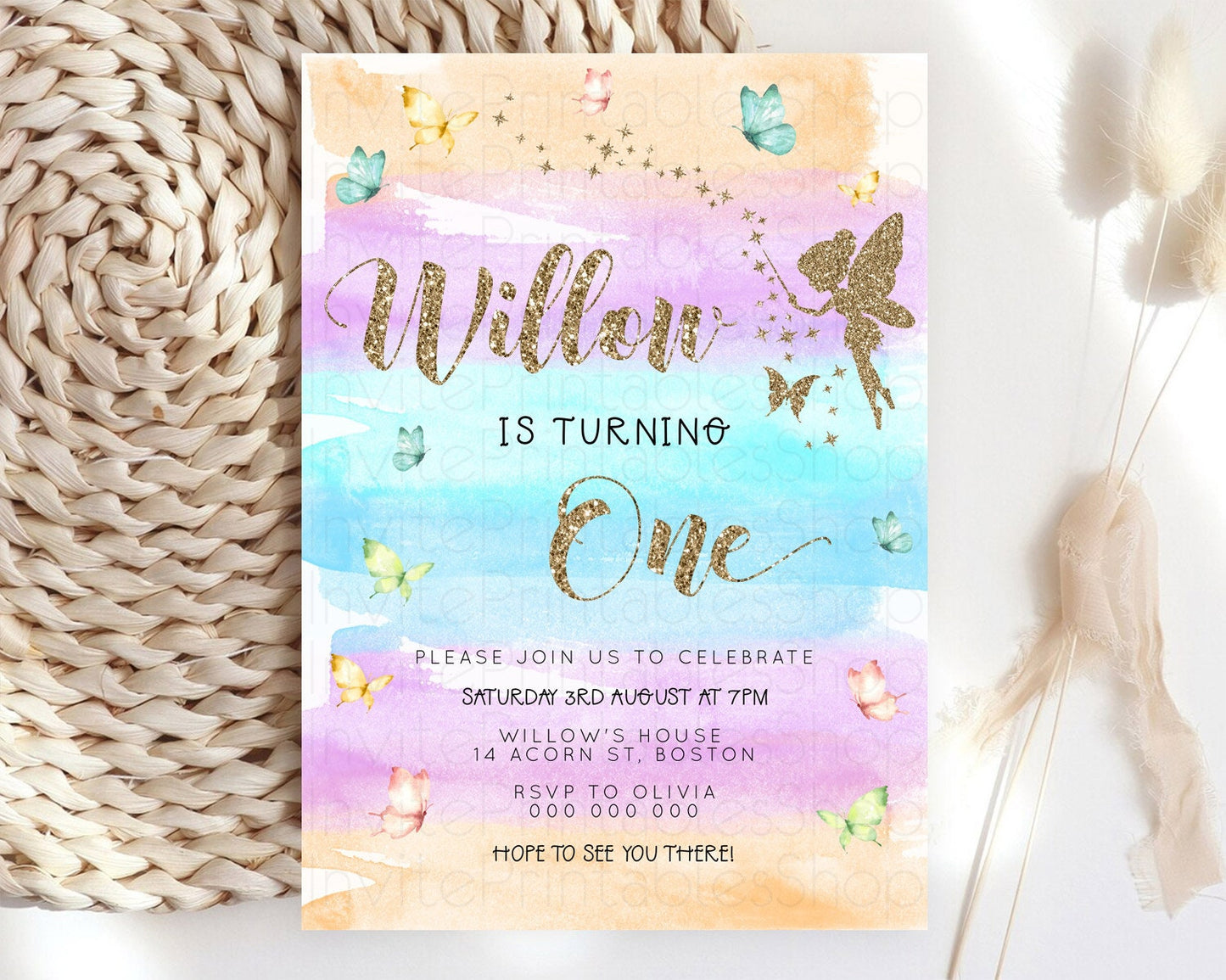 Pastel Fairy Birthday Invitation Pastel Butterflies Fairy Birthday Invitation Rainbow Ombre Watercolor 1st 2nd Birthday Invitation D23319