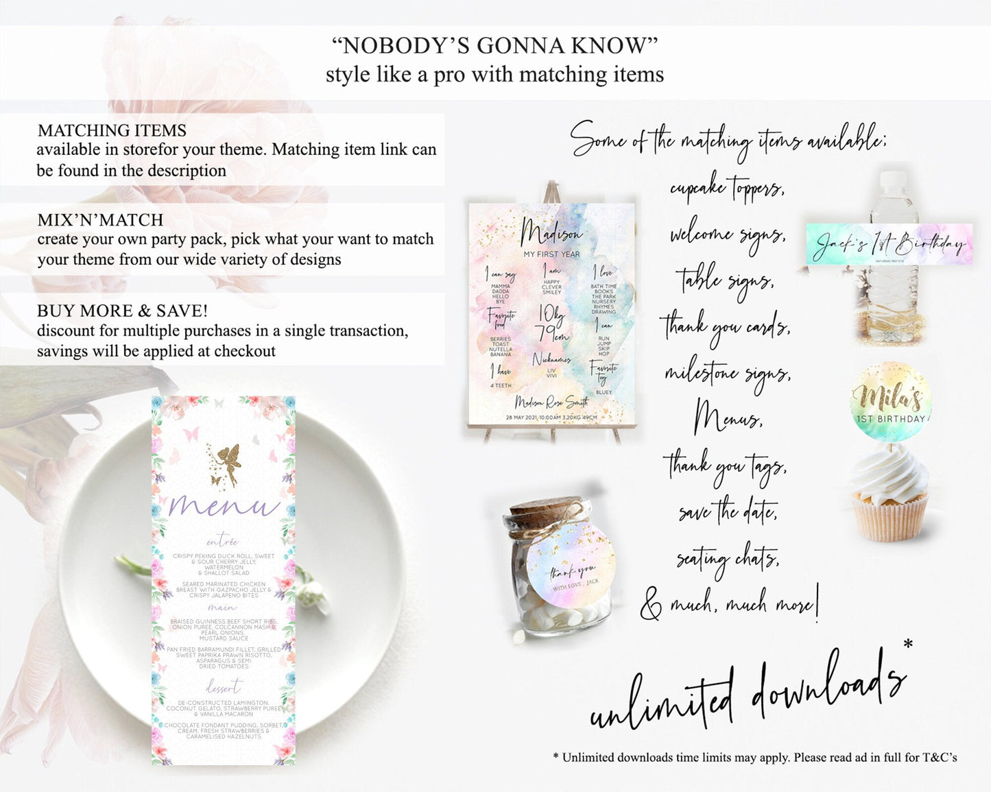 Fairy Menu Fairy Menu Template Enchanted Garden Pastel Floral Butterfly Table Decor Fairy Secret Garden Dinner Dessert Food Menu D10126