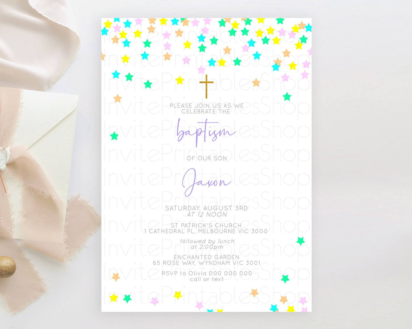 Editable Star Baptism Invitation Pastel Stars Baptism 1st Birthday Invitatio