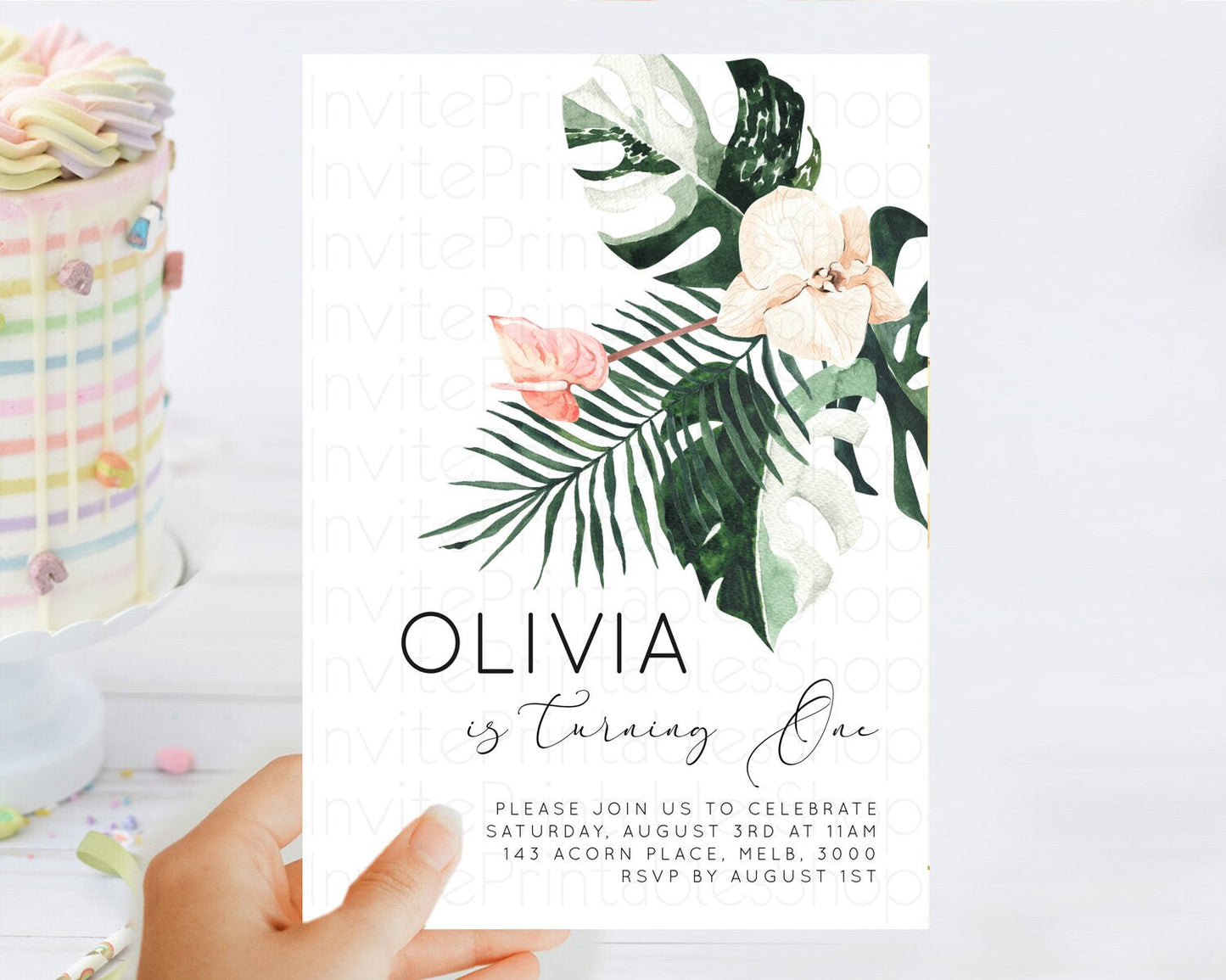Tropical Invitation Tropical Birthday Invitation Tropical Floral Invitation Palm Leaf Fern Invite Frangipani White Orchid Invitation D11016