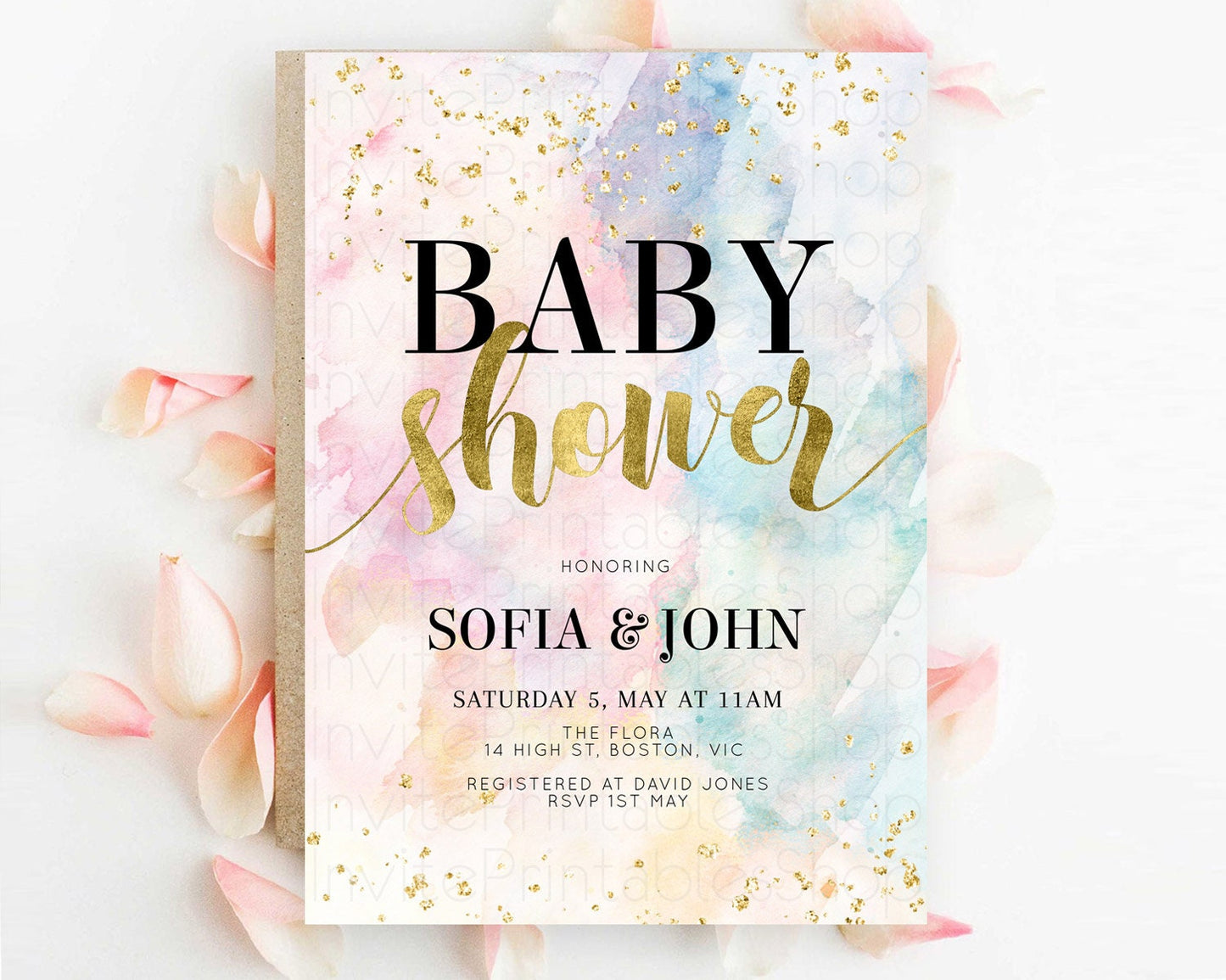 Pastel Baby Shower Invitation Rainbow Baby Shower Invitation Colorful Pastel Watercolor Invitation Gold Glitter Sprinkles Ombre D10265